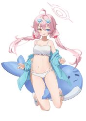 Rule 34 | 1girl, absurdres, ahoge, ankle ribbon, aqua jacket, bikini, blue archive, blue eyes, breasts, cleavage, collarbone, eyewear on head, frilled bikini, frills, full body, hair bobbles, hair ornament, halo, heterochromia, highres, hoshino (blue archive), hoshino (swimsuit) (blue archive), inflatable toy, inflatable whale, jacket, leg ribbon, long hair, looking at viewer, low twintails, midriff, navel, open clothes, open jacket, open mouth, orange eyes, pale skin, pink hair, ribbon, sandals, simple background, small breasts, smile, solo, sunglasses, swimsuit, twintails, white background, white footwear