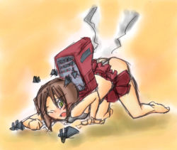 Rule 34 | 1girl, all fours, armored core, armored core: for answer, ass, brown hair, cabracan, female focus, from software, full body, green eyes, mecha, mecha musume, novemdecuple, panties, robot, short hair, skirt, solo, underwear