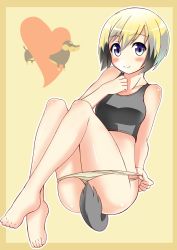 Rule 34 | 1girl, animal ears, bare legs, bare shoulders, barefoot, blonde hair, blue eyes, blush, brown hair, dachshund, dog, dog ears, dog tail, erica hartmann, feet, heart, looking at viewer, multicolored hair, panties, panty pull, red liquid (artist), short hair, sitting, smile, solo, sports bra, strike witches, tail, underwear, underwear only, world witches series