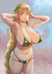 Rule 34 | 1girl, areola slip, armpits, arms behind head, arms up, belly, bikini, blonde hair, blush, braid, breasts, cleavage, collarbone, covered erect nipples, crown braid, curvy, demeter (fate), earrings, fate/grand order, fate (series), green bikini, hamushima, head wreath, huge breasts, jewelry, lips, long hair, looking at viewer, mature female, navel, parted lips, skindentation, smile, solo, swimsuit, thighs, very long hair, yellow eyes