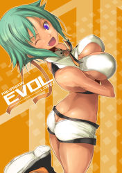 Rule 34 | 10s, 1girl, aquarion (series), aquarion evol, ass cutout, bad id, bad pixiv id, breasts, butt crack, cleavage cutout, clothing cutout, fang, fukai ryosuke, green hair, highres, large breasts, long hair, looking back, one eye closed, revealing clothes, sideboob, solo, tan, wink, zessica wong