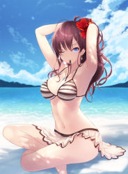 Rule 34 | 1girl, ahoge, armpits, arms behind head, arms up, bare shoulders, beach, bikini, bikini skirt, blue eyes, breasts, brown hair, cait aron, cleavage, closed mouth, cloud, cloudy sky, commentary request, day, earrings, flower, hair between eyes, hair flower, hair ornament, highres, ichinose shiki, idolmaster, idolmaster cinderella girls, indian style, jewelry, legs, long hair, looking at viewer, medium breasts, mouth hold, navel, ocean, ribbon, ribbon in mouth, sidelocks, sitting, sky, smile, solo, striped bikini, striped clothes, swimsuit, thighs, wavy hair