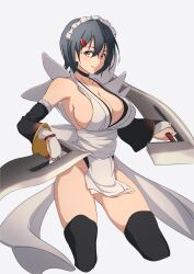 Rule 34 | 1girl, absurdres, black hair, breasts, butterfly swords, cleavage, dual wielding, highres, holding, iroha (samurai spirits), large breasts, maid, maid headdress, parted lips, samurai spirits, sideboob, sino24tsuki, smile, snk, thighhighs