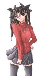 Rule 34 | &gt;:), 00s, 1girl, black bow, black hair, black thighhighs, bow, breasts, closed mouth, cowboy shot, fate/stay night, fate (series), hair bow, hand on own hip, head tilt, long hair, long sleeves, looking at viewer, medium breasts, nekomamire, parted bangs, pleated skirt, red sweater, skirt, solo, standing, sweater, thighhighs, tohsaka rin, tsurime, turtleneck, turtleneck sweater, twintails, two side up, v-shaped eyebrows, zettai ryouiki