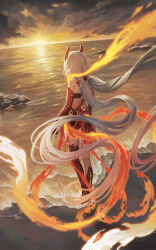 Rule 34 | 1girl, absurdly long hair, animal hands, animal legs, back, bare shoulders, beach, black shorts, black sports bra, chinese clothes, claws, detached sleeves, elbow gloves, feathers, fire, from behind, fu hua, fu hua (garuda), gloves, hair between eyes, highres, honkai (series), honkai impact 3rd, long hair, low-tied long hair, low twintails, maoh yueer, multicolored hair, ocean, red gloves, red hair, red rope, rock, rope, shorts, solo, sports bra, sportswear, streaked hair, sunlight, tail, twintails, two-tone hair, very long hair, white hair