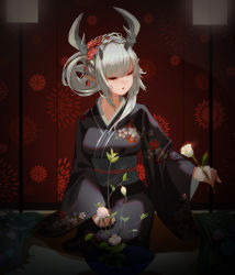 Rule 34 | 1girl, absurdres, alternate costume, arknights, closed eyes, floral print, flower, hair ornament, highres, horns, japanese clothes, kimono, long hair, matoimaru (arknights), pointy ears, sash, silver hair, sitting, solo, tang shifu