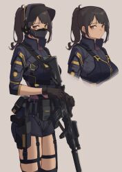 Rule 34 | 1girl, 3 small spiders, absurdres, ammunition pouch, assault rifle, black gloves, black hair, black hat, black jacket, black shorts, body armor, brown eyes, flashlight, foregrip, gloves, gun, handgun, hat, highres, holster, jacket, long hair, long sleeves, mask, mouth mask, original, ponytail, pouch, rifle, shorts, simple background, solo, suppressor, thigh strap, weapon, yellow background
