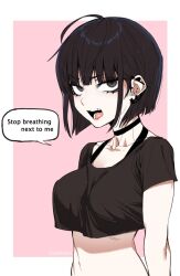 Rule 34 | 1girl, barbell piercing, black choker, black eyes, black hair, black shirt, blunt bangs, border, bra strap, choker, collarbone, commentary, crop top, crop top overhang, cropped shirt, ear piercing, earrings, english commentary, english text, eyelashes, fang, frown, highres, industrial piercing, j.k., jewelry, june kim, looking at viewer, midriff, open mouth, original, outside border, piercing, pink background, shirt, short hair, short sleeves, simple background, solo, speech bubble, tsurime, twitter username, upper body, v-shaped eyebrows, white border