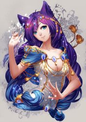 Rule 34 | animal ears, bare shoulders, blue eyes, breasts, cleavage, collarbone, dress, gem, highres, jewelry, kaminary, original, pen, purple hair, signature, sleeveless, smile, solo, sparkle, upper body, white dress