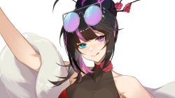 Rule 34 | 1girl, absurdres, bare shoulders, black hair, blue eyes, china dress, chinese clothes, collarbone, commentary request, dress, eyewear on head, fur shawl, girls&#039; frontline, girls&#039; frontline neural cloud, hair bun, heterochromia, highres, licking lips, looking at viewer, multicolored hair, pink hair, portrait, purple eyes, shawl, short hair, simple background, smile, solo, sunglasses, tongue, tongue out, vee (neural cloud), white background, xianyu liang