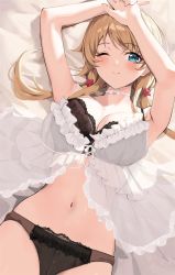 Rule 34 | 1girl, armpits, arms up, babydoll, black bra, black panties, blonde hair, blue eyes, blush, bra, breasts, cleavage, closed mouth, gin00, hachimiya meguru, hair ornament, idolmaster, idolmaster shiny colors, large breasts, long hair, looking at viewer, low twintails, lying, navel, on back, one eye closed, panties, see-through, smile, solo, star (symbol), star hair ornament, twintails, underwear