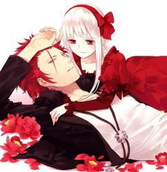 Rule 34 | 10s, 1boy, 1girl, flower, hairband, jacket, jewelry, k-project, kushina anna, long hair, necklace, open clothes, open jacket, orange eyes, pink flower, red eyes, red hair, short hair, suoh mikoto, white hair, yasai (getsu)