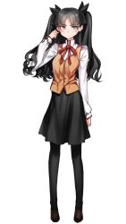 Rule 34 | 1girl, black hair, black pantyhose, black skirt, blue eyes, fate/stay night, fate (series), full body, homurahara academy school uniform, long hair, long sleeves, looking to the side, pantyhose, pokan (xz1128), school uniform, simple background, skirt, solo, standing, tohsaka rin, twintails, two side up, white background