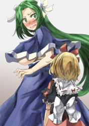 Rule 34 | 2girls, black shirt, blonde hair, blouse, blush, bow, breasts, capelet, doll joints, green eyes, green hair, hair intakes, hair ribbon, height difference, joints, large breasts, long hair, medicine melancholy, mima (touhou), multiple girls, no headwear, no headwear, ribbon, shirt, short hair, skirt, touhou, touhou (pc-98), underboob, wide-eyed, yohane