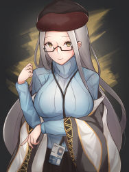 Rule 34 | 1girl, absurdres, azur lane, blush, breasts, brown eyes, collared dress, commentary request, dress, glasses, grey hair, hair ornament, hat, highres, large breasts, long hair, long sleeves, looking at viewer, ribbed sweater, semi-rimless eyewear, shangri-la (azur lane), shangri-la (utopia&#039;s collector) (azur lane), smile, solo, sweater, turtleneck, yusha m