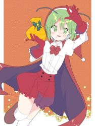 Rule 34 | 1girl, adapted costume, androgynous, antennae, bag, blush, cape, christmas, collared shirt, commentary, dutch angle, flat chest, foot out of frame, foot up, frilled gloves, frilled shorts, frills, gloves, green eyes, green hair, hat, holding, holding bag, kari (atsuki 565), looking at viewer, open mouth, orange background, polka dot, polka dot background, red cape, red gloves, red shorts, santa hat, shirt, short hair, shorts, smile, socks, solo, touhou, white shirt, white socks, wriggle nightbug