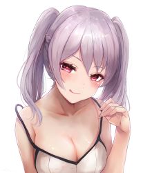 Rule 34 | 1girl, :q, blush, breasts, camisole, cleavage, closed mouth, collarbone, fingernails, fire emblem, fire emblem awakening, grima (fire emblem), head tilt, leonmandala, long hair, looking at viewer, medium breasts, naughty face, nintendo, pink eyes, purple hair, robin (female) (fire emblem), robin (fire emblem), simple background, solo, strap slip, tongue, tongue out, twintails, upper body, white background