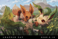 Rule 34 | ;), brown eyes, character name, closed mouth, cloud, commentary request, creatures (company), dated, day, eevee, flower, game freak, gen 1 pokemon, gen 4 pokemon, grass, leafeon, lying, momomo12, nintendo, no humans, one eye closed, outdoors, pokemon, pokemon (creature), signature, sky, smile, yellow flower