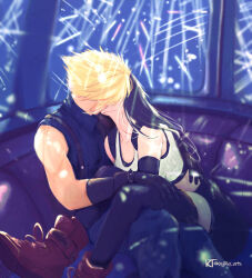 1boy 1girl baggy_pants bare_shoulders black_gloves black_hair black_skirt black_sports_bra black_thighhighs blonde_hair blurry blurry_background boots cloud_strife collarbone commentary couple crop_top elbow_gloves english_commentary feet_out_of_frame ferris_wheel_interior final_fantasy final_fantasy_vii final_fantasy_vii_rebirth final_fantasy_vii_remake fireworks gloves gondola hand_on_another&#039;s_thigh hand_on_another&#039;s_waist highres indoors kiss lady_ktea light_particles long_hair midriff pants red_footwear sitting sitting_on_lap sitting_on_person skirt sleeveless sleeveless_turtleneck spiked_hair sports_bra suspender_skirt suspenders sweater tank_top thighhighs tifa_lockhart turtleneck turtleneck_sweater twitter_username white_tank_top