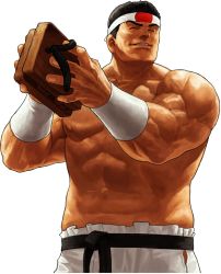 Rule 34 | 1boy, abs, closed eyes, daimon gorou, eyebrows, geta, headband, male focus, muscular, official art, ogura eisuke, shoes, snk, solo, the king of fighters, the king of fighters xii, thick eyebrows, topless male, unworn shoes, wristband