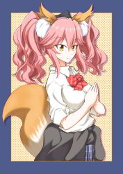 Rule 34 | 10s, 1girl, :3, animal ears, bad id, bad pixiv id, bow, breasts, fate/extella, fate/extra, fate/grand order, fate (series), fox ears, fox tail, hair bow, hair ribbon, highres, large breasts, looking at viewer, official alternate costume, pink hair, ribbon, school uniform, shipuu, solo, tail, tamamo (fate), tamamo no mae (fate/extra), tamamo no mae (jk) (fate), twintails, yellow eyes