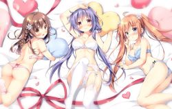 Rule 34 | 3girls, :d, ahoge, arm up, ass, bare arms, bare shoulders, blue bra, blue panties, blush, bow, bow bra, bow panties, bra, braid, breasts, brown eyes, brown hair, cleavage, closed mouth, collarbone, flower, garter belt, hair flower, hair ornament, haruka-chan (pan (mimi)), heart, heart-shaped pillow, knee up, kokoa-chan (pan (mimi)), lace, lace-trimmed bra, lace trim, large breasts, long hair, low twintails, lying, multiple girls, navel, no shoes, hugging object, on back, on side, on stomach, open mouth, original, pan (mimi), panties, pillow, pillow hug, pink bra, pink panties, purple eyes, purple hair, red eyes, smile, socks, thighhighs, twintails, underwear, underwear only, uta-chan (pan (mimi)), very long hair, white bra, white flower, white legwear, white panties