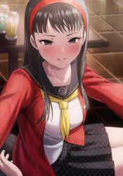 Rule 34 | 1girl, 1other, amagi yukiko, black hair, blush, breasts, cardigan, collarbone, cup, drink, drinking glass, drunk, fagi (kakikaki), grey eyes, grin, hairband, highres, long hair, looking at viewer, medium breasts, miniskirt, neckerchief, outstretched arms, parted lips, persona, persona 4, pleated skirt, pov, pov hands, red cardigan, red hairband, red sweater, sailor collar, school uniform, serafuku, shirt, sitting, sitting on lap, sitting on person, skirt, smile, solo focus, straight hair, sweater, table, tile floor, tiles, white shirt, yasogami school uniform, yellow neckerchief