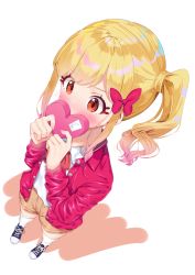 Rule 34 | 1girl, aikatsu! (series), aikatsu stars!, blonde hair, blue footwear, bow, box, brown eyes, brown hair, brown shorts, collared shirt, colored shadow, covered mouth, dutch angle, gift, gift box, gradient hair, hair bow, hands up, heart-shaped box, highres, holding, holding gift, jacket, k mugura, long hair, long sleeves, looking away, multicolored hair, nijino yume, open clothes, open jacket, red bow, red jacket, shadow, shirt, shoes, short shorts, shorts, side ponytail, solo, thighhighs, white background, white shirt, white thighhighs