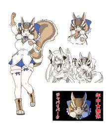 Rule 34 | +++, 2girls, :d, ^^^, animal ears, arm up, black eyes, blue bow, blue shorts, boots, bow, breasts, brown hair, chipmunk (kemono friends), chipmunk ears, chipmunk girl, chipmunk tail, clenched hands, commentary request, eating, fox ears, fox girl, fur-trimmed thighhighs, fur trim, gun, hair bow, highres, holding, holding gun, holding weapon, island fox (kemono friends), juliet sleeves, kemono friends, kemono friends v project, large breasts, long sleeves, multicolored hair, multiple girls, multiple views, open mouth, partially colored, puffy sleeves, short hair, short shorts, shorts, simple background, smile, thighhighs, translation request, virtual youtuber, weapon, white background, white hair, white thighhighs, yoshida hideyuki