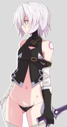 Rule 34 | 1girl, bandages, bandaged arm, bandaged leg, bare shoulders, cowboy shot, enelis, facing away, fate/apocrypha, fate (series), gloves, gluteal fold, green eyes, grey background, jack the ripper (fate/apocrypha), looking to the side, navel, short hair, silver hair, single glove, solo