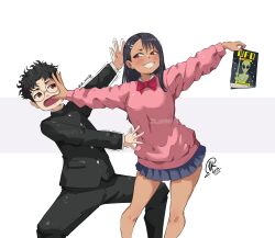 1boy 1girl ayase_momo_(cosplay) cosplay crossover dandadan ijiranaide_nagatoro-san jk_arts magazine_(object) nagatoro_hayase pink_sweater school_uniform simple_background sweater takakura_ken_(dandadan) tan