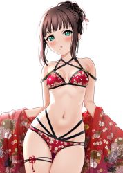 Rule 34 | 1girl, :o, alternate hairstyle, bare shoulders, bikini, blunt bangs, breasts, brown hair, cleavage, commentary request, cowboy shot, floral print, flower knot, gluteal fold, green eyes, hair ornament, hair stick, japanese clothes, kurosawa dia, looking at viewer, love live!, love live! school idol festival, love live! sunshine!!, mole, mole under mouth, multi-strapped bikini, navel, open clothes, open mouth, print bikini, red bikini, sankuro (agoitei), short hair, short ponytail, sidelocks, simple background, small breasts, solo, stomach, swimsuit, thigh gap, thigh strap, undressing, white background