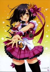 Rule 34 | 1girl, absurdres, black hair, black thighhighs, blush, carnelian, copyright request, hair ornament, hair ribbon, hairclip, highres, looking at viewer, microphone, open mouth, pleated skirt, ribbon, short hair, short sleeves, skirt, smile, solo, thighhighs, translation request, wrist cuffs, yellow eyes, zettai ryouiki