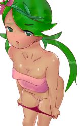 Rule 34 | 1girl, arms at sides, artist request, bare arms, bare legs, bare shoulders, breasts, breasts apart, cleavage, collarbone, creatures (company), dark-skinned female, dark skin, female focus, flower, game freak, green eyes, green hair, hair flower, hair ornament, highres, legs, long hair, looking at viewer, low twintails, mallow (pokemon), medium breasts, neck, nintendo, open mouth, panties, panty pull, pink shirt, pokemon, pokemon sm, pussy, red panties, shiny skin, shirt, simple background, solo, source request, standing, strapless, sweatdrop, tube top, twintails, uncensored, underwear, white background