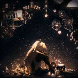 Rule 34 | 1girl, absurdres, black footwear, black skirt, blurry, boots, breasts, candle, ceiling light, chandelier, closed eyes, covered mouth, crescent, cube, dark, detached sleeves, flower, fluorescent lamp, from side, hair ornament, hands in opposite sleeves, hatsune miku, head rest, highres, hugging own legs, knees up, lamp, lantern, light bulb, lily of the valley, long hair, miniskirt, orb, pleated skirt, reflective floor, rella, skirt, solo, star (symbol), thigh boots, thighhighs, too many, twintails, very long hair, vocaloid, white hair, wide sleeves