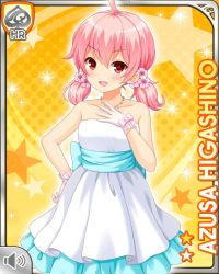 Rule 34 | 1girl, :d, bare shoulders, card (medium), character name, dress, evening gown, girlfriend (kari), hand on own chest, higashino azusa, jewelry, necklace, official art, open mouth, pink eyes, pink hair, qp:flapper, smile, solo, tagme, twintails, v shaped eyebrows, white dress, yellow background