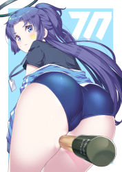 Rule 34 | 1girl, ahoge, ass, ass focus, between legs, blue archive, blue eyes, blue hair, blush, explosive, from behind, grenade, halo, jacket, long hair, looking at viewer, looking back, ponytail, purple hair, solo, star (symbol), star sticker, sticker on face, stielhandgranate, sweatdrop, swimsuit, takano itsuki, thighs, very long hair, yuuka (blue archive), yuuka (track) (blue archive)