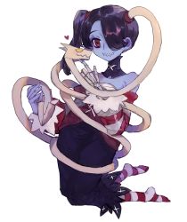Rule 34 | 1girl, blue hair, blue skin, blush, colored skin, detached collar, detached sleeves, dress, hair over one eye, heart, kneeling, leviathan (skullgirls), red eyes, shourou kanna, side ponytail, skeletal arm, skullgirls, smile, solo, squigly (skullgirls), stitched mouth, stitches, striped legwear, white background, zombie
