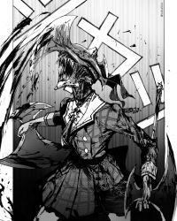 Rule 34 | 1girl, absurdres, axe, blood, blood on clothes, blood splatter, bloody weapon, breasts, chainsaw man, collared shirt, commentary, cowboy shot, greyscale, highres, holding, holding axe, hololive, hoshimachi suisei, hoshimachi suisei (1st costume), hyde (tabakko), jacket, looking up, monochrome, necktie, open mouth, parody, plaid, plaid jacket, plaid skirt, roaring, sharp teeth, shirt, skirt, skirt set, small breasts, solo, sound effects, teeth, transformation, twitter username, virtual youtuber, weapon, wing collar