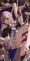 Rule 34 | 1girl, absurdres, barefoot, brown hair, chain, closed mouth, detached sleeves, doll joints, dress, expressionless, flower, hair flower, hair ornament, herta (honkai: star rail), highres, honkai: star rail, honkai (series), joints, long hair, long sleeves, looking at viewer, purple eyes, shoes, unworn shoes, single shoe, sitting, solo, thighs, yajuu