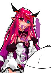 Rule 34 | 1girl, absurdres, death, detached sleeves, dress, empty eyes, grimace shake (meme), guyrys, heterochromia, highres, hololive, hololive english, horns, irys (irys 2.0) (hololive), irys (hololive), koizumi arata, long hair, meme, pointy ears, purple hair, purple liquid, red hair, scene reference, spill, very long hair, virtual youtuber, white dress
