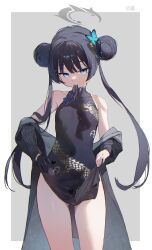 Rule 34 | 1girl, black coat, black dress, black gloves, black hair, blue archive, breasts, butterfly hair ornament, china dress, chinese clothes, coat, double bun, dragon, dragon print, dress, eastern dragon, gloves, gluteal fold, hair bun, hair ornament, halo, highres, kisaki (blue archive), kuri choko, long hair, looking at viewer, mouth hold, simple background, single glove, small breasts, solo, striped coat, twintails, two-tone background, vertical-striped coat, very long hair