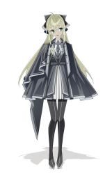 Rule 34 | 1girl, absurdres, ahoge, artoria caster (fate), artoria pendragon (fate), black bow, black footwear, blonde hair, bow, cloak, collared shirt, dress, fate/grand order, fate (series), full body, green eyes, grey cloak, hair between eyes, hair bow, highres, long fall boots, long hair, long sleeves, open mouth, shadow, shirt, solo, standing, tokumori ramen, twintails, white background, white shirt