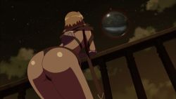 Rule 34 | 1girl, animated, animated gif, armor, ass, ass shake, back, bare legs, black panties, blonde hair, cloud, dutch angle, female focus, from below, guard rail, huge ass, legs, leina (queen&#039;s blade), looking up, night, panties, planet, queen&#039;s blade, screencap, shiny skin, sky, solo, standing, thighs, thong, underwear