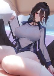 Rule 34 | 1girl, aya (lezon), black choker, black hair, blue archive, blue jacket, breasts, choker, clipboard, commentary request, gym uniform, hair between eyes, hasumi (blue archive), hasumi (track) (blue archive), highres, holding, holding clipboard, jacket, large breasts, light blush, long hair, long sleeves, low wings, official alternate costume, open clothes, open jacket, parted lips, partially unzipped, ponytail, red eyes, revision, shirt, sitting, socks, solo, very long hair, wariza, white shirt, white socks, wings, zipper