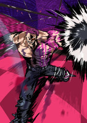 1boy abs arm_tattoo attack belt black_pants charlotte_katakuri chest_tattoo highres hone_honehone leather leather_pants male_focus mixed-language_commentary muscular muscular_male official_art one_piece pants purple_hair red_eyes sharp_teeth short_hair solo tattoo teeth topless_male