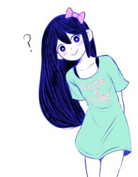 Rule 34 | 1girl, :&gt;, ?, arms behind back, aubrey (headspace) (omori), aubrey (omori), blue eyes, blue hair, bow, cabronpr, commentary, green shirt, hair bow, highres, long shirt, official style, omori, pink bow, shirt, smile, solo, symbol-only commentary