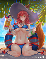 Rule 34 | 10s, 1girl, :q, absurdres, animal ears, beach, bikini, blue bikini, blue sky, blush, bracelet, breasts, cleavage, day, ears through headwear, fate/extra, fate/grand order, fate (series), fox ears, fox tail, hat, highres, innertube, jewelry, large breasts, long hair, looking at viewer, mhg (hellma), navel, necklace, ocean, outdoors, palm tree, parfait, pink hair, red hair, sandals, sitting, sky, smile, solo, spoon, sun hat, swim ring, swimsuit, tail, tamamo (fate), tamamo no mae (fate/extra), tamamo no mae (swimsuit lancer) (fate), tamamo no mae (swimsuit lancer) (third ascension) (fate), tongue, tongue out, tree, wariza, wet, white hat, yellow eyes