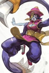 Rule 34 | 1girl, breast cutout, breasts, capcom, cleavage, cleavage cutout, clothing cutout, hat, hungry clicker, lei lei, multicolored clothes, open mouth, pants, purple hair, purple pants, qingdai guanmao, red footwear, short hair, solo, vampire (game), white background