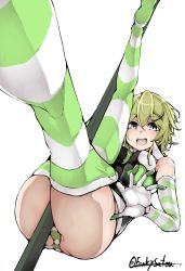 Rule 34 | 1girl, akatsuki kirika, ass, blonde hair, blush, breasts, elbow gloves, funkysatou, gloves, green eyes, green leotard, hair ornament, highres, leotard, looking at viewer, md5 mismatch, medium breasts, no shoes, open mouth, resolution mismatch, scythe, senki zesshou symphogear, shiny skin, short hair, simple background, smile, solo, source larger, striped clothes, striped thighhighs, thighhighs, thighhighs pull, thighs, translation request, white background, x hair ornament